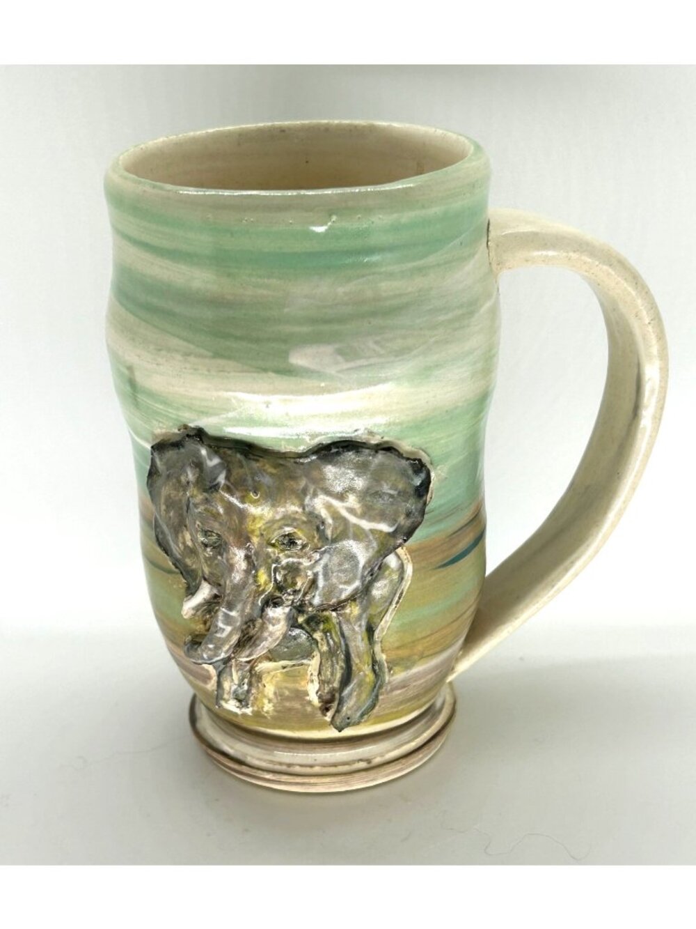 Studio Pottery Handcrafted Ceramic Mug Elephant Green Earth Tones Artisan
